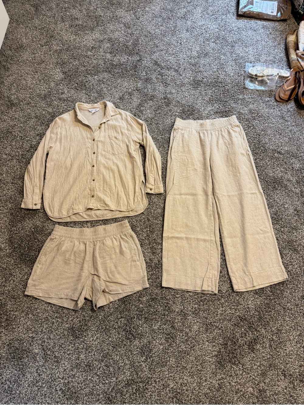 Women’s Beige 3-Piece Set - Button-Up Shirt, Shorts & Pants